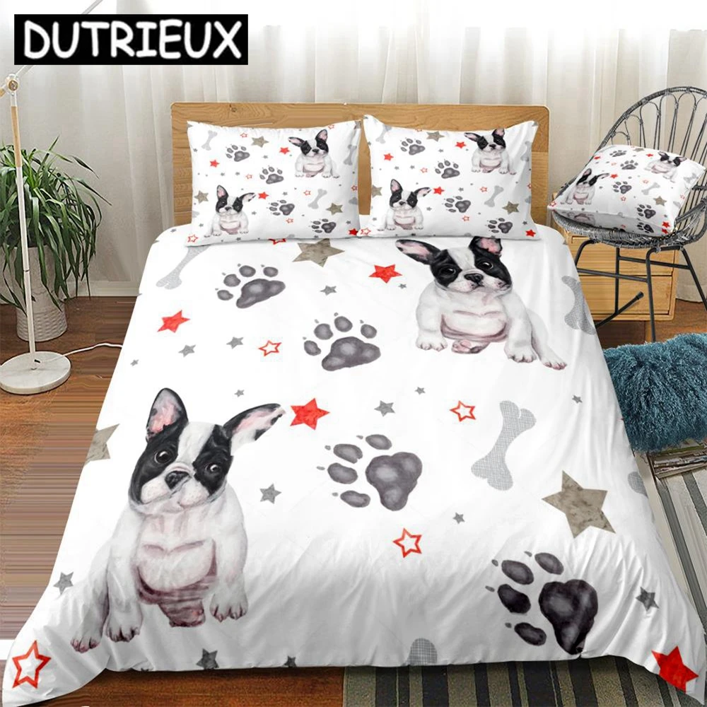 

3 Pieces Dog Duvet Cover Set Cartoon Bulldog Bedding Stars And Dog Paw Home Textiles White Quilt Cover Pet Bed Set Dropship