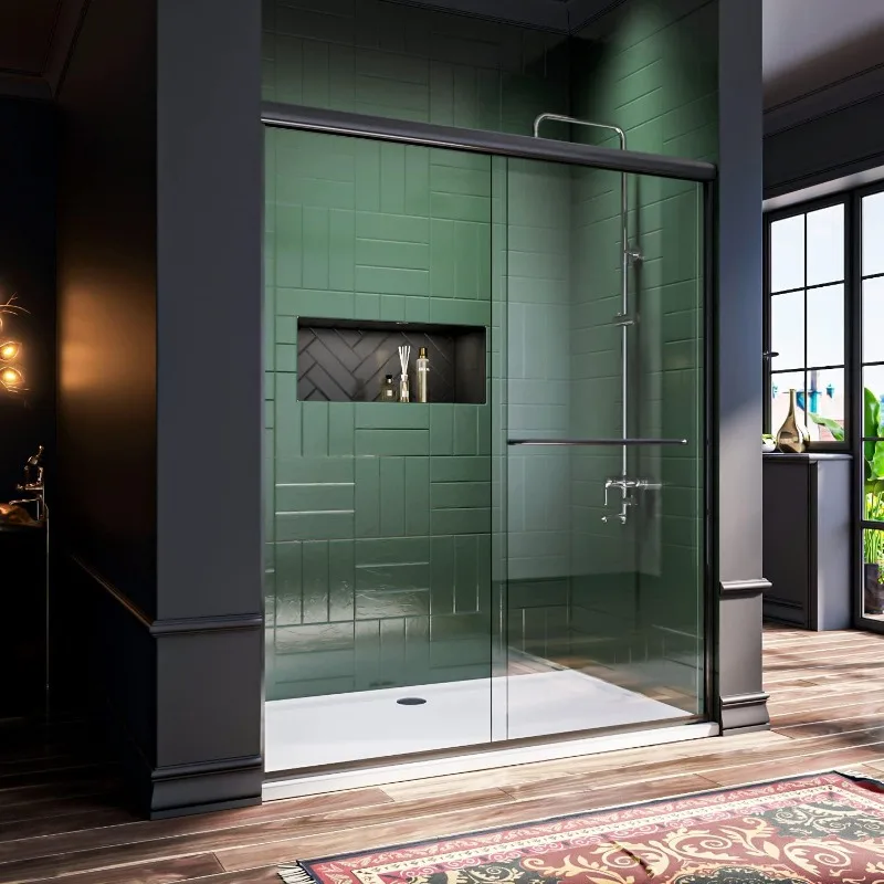 Bathroom Sliding Door with 1/4'' Clear Glass, Black Hardware Double Sliding Glass Shower Enclosure