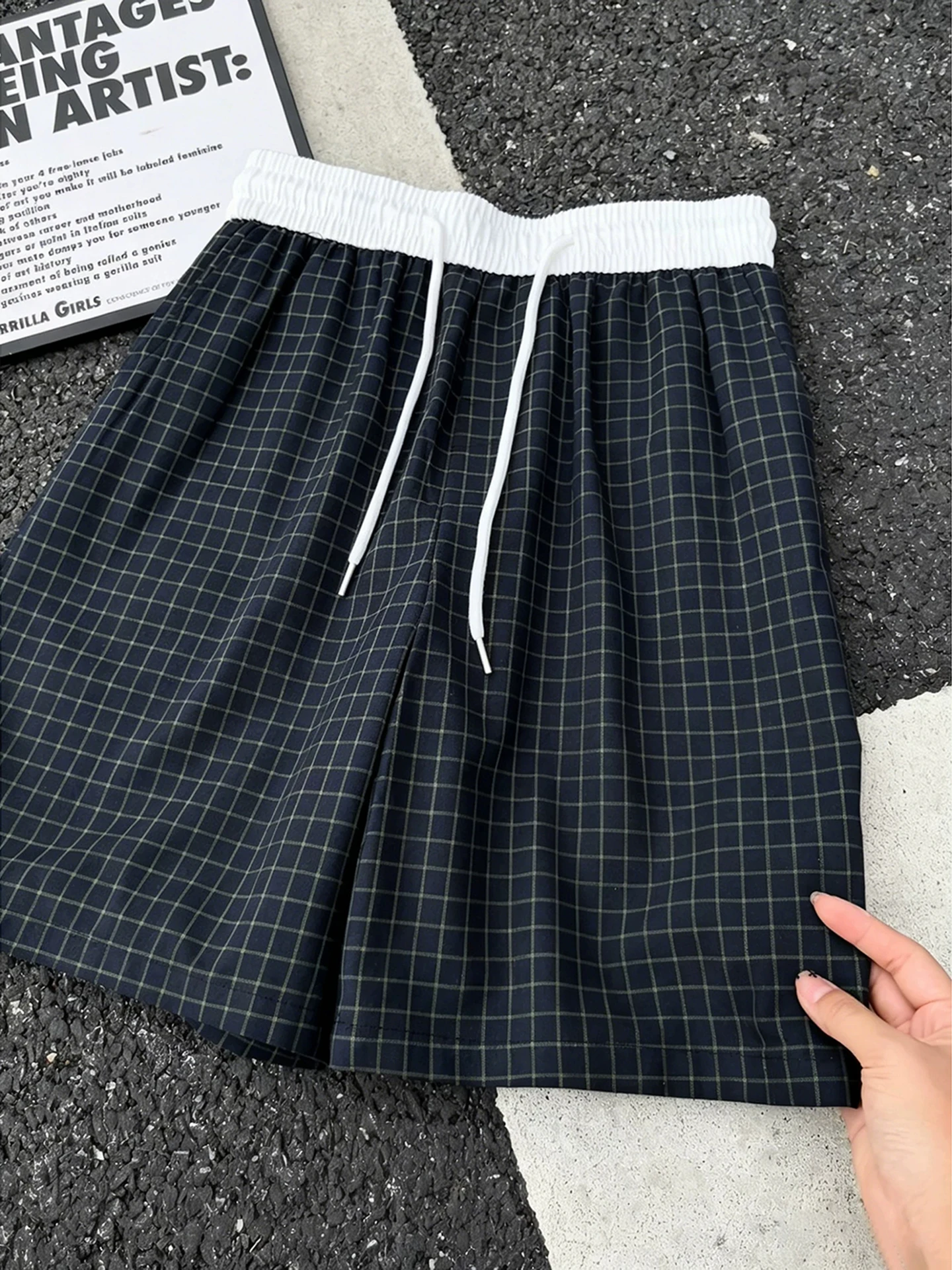Summer Thin American Retro Loose Fit Plaid Shorts Men's Casual Five-Quarter Length Polyester Cotton Blend Straight Leg Shorts