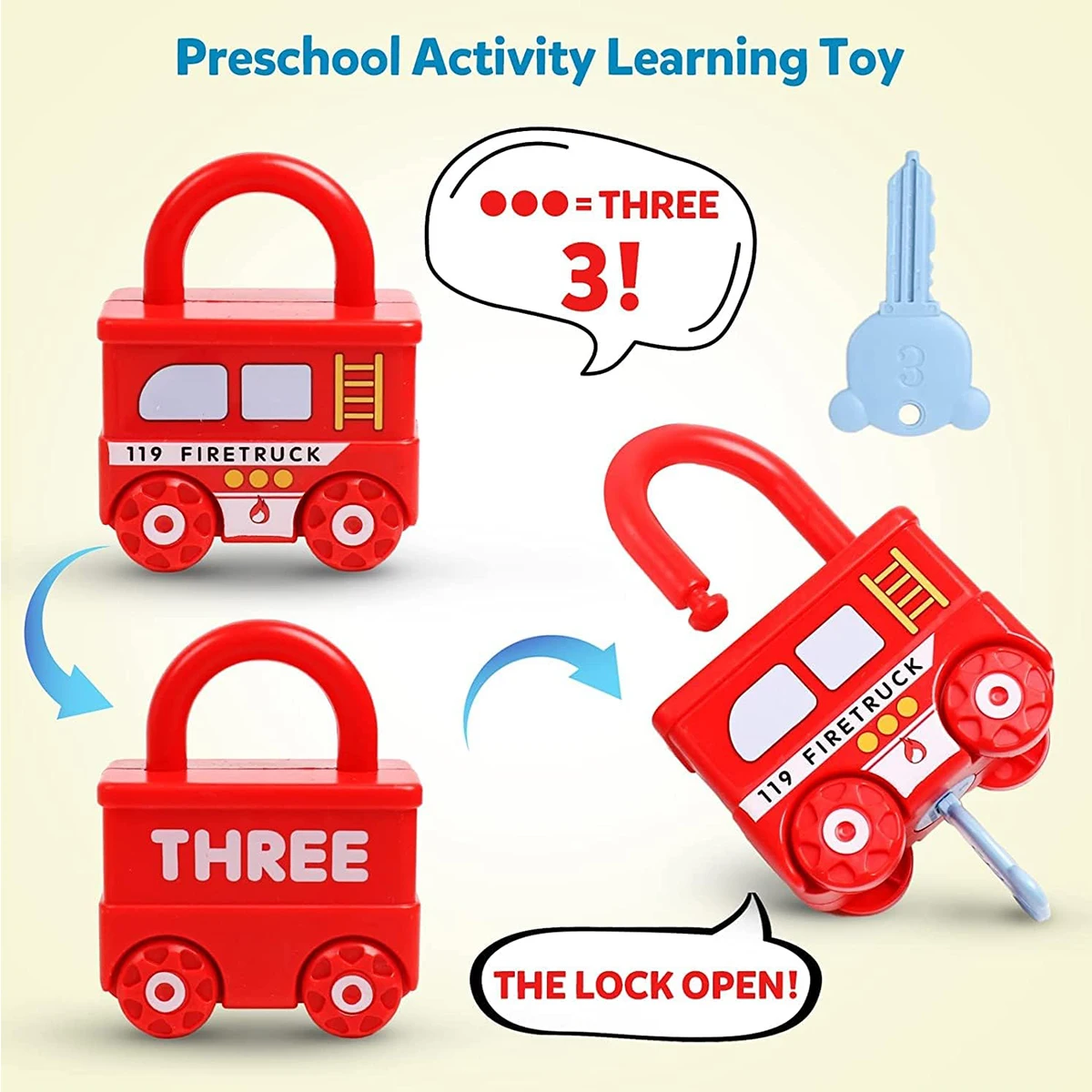 3Pcs Early Learning Lock Unlock Car Train Toy with Keys, Kids Montessori Math Motor Skill Educational Toys, Birthday Xmas Gift