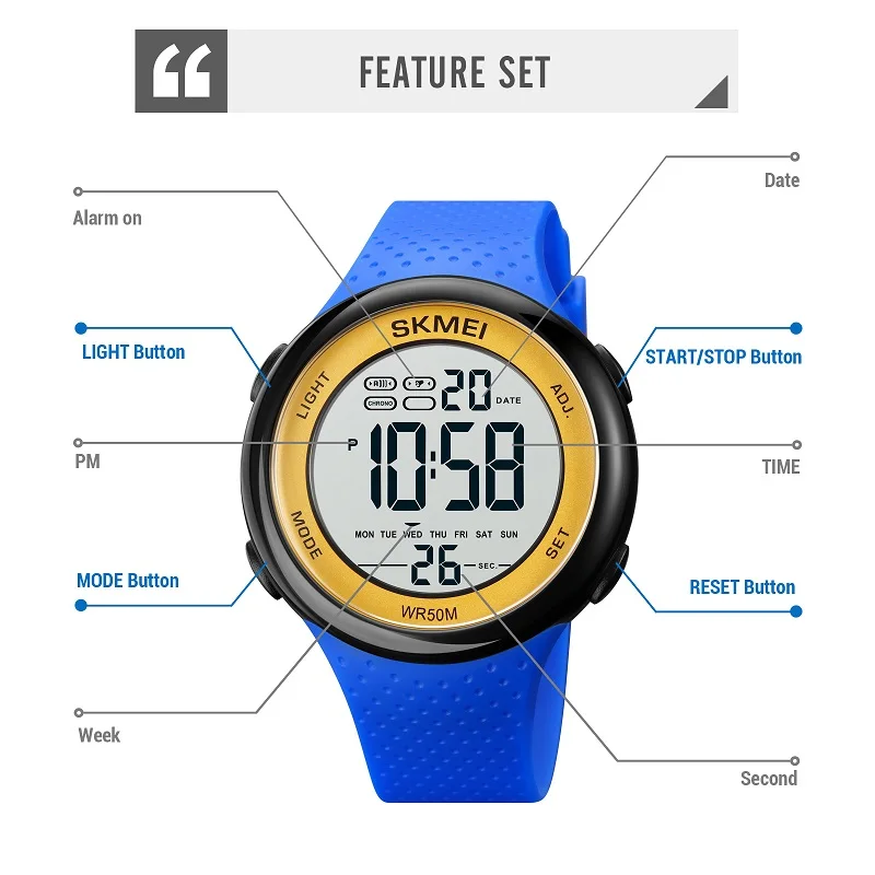 SKMEI Fashion LED Electronic Sport Watches Count Down Stopwatch Clock 5Bar Waterproof Men Wristwatch montre homme Watch 1856