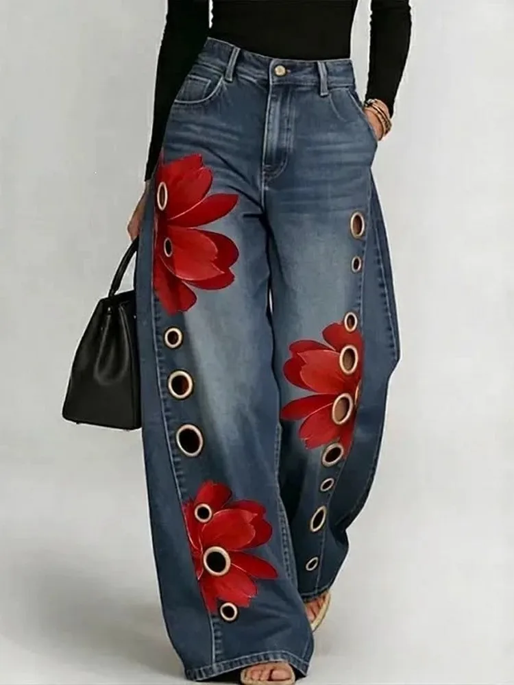 Spring Autumn New in Product Imitation Denim Women's Printed Casual Loose Jeans Retro Street Fashion Wide Leg Pants
