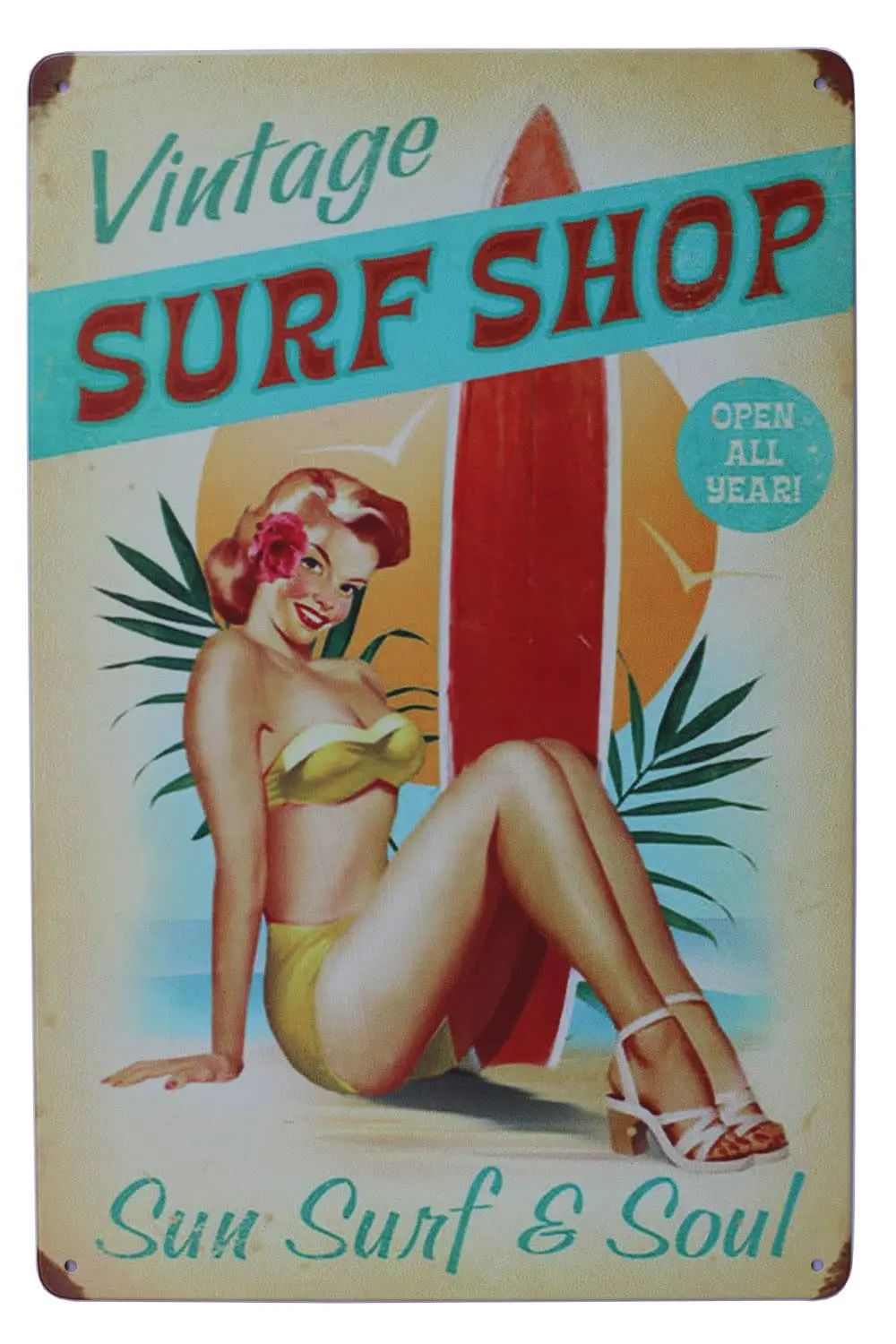 ARTCLUB Vintage Surf Shop Metal Tin Sign, Sun Surfer Surfboard Plate Plaque License Plate Home Bar Wall Decor