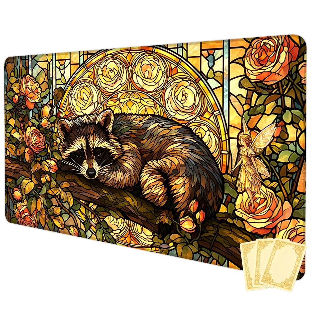 Cute Stained Glass Raccoon TCG Playmat Magic Playmat Gathering Gaming Mat Stitched Edge Anti-slip base 60X35cm Trading Card Game