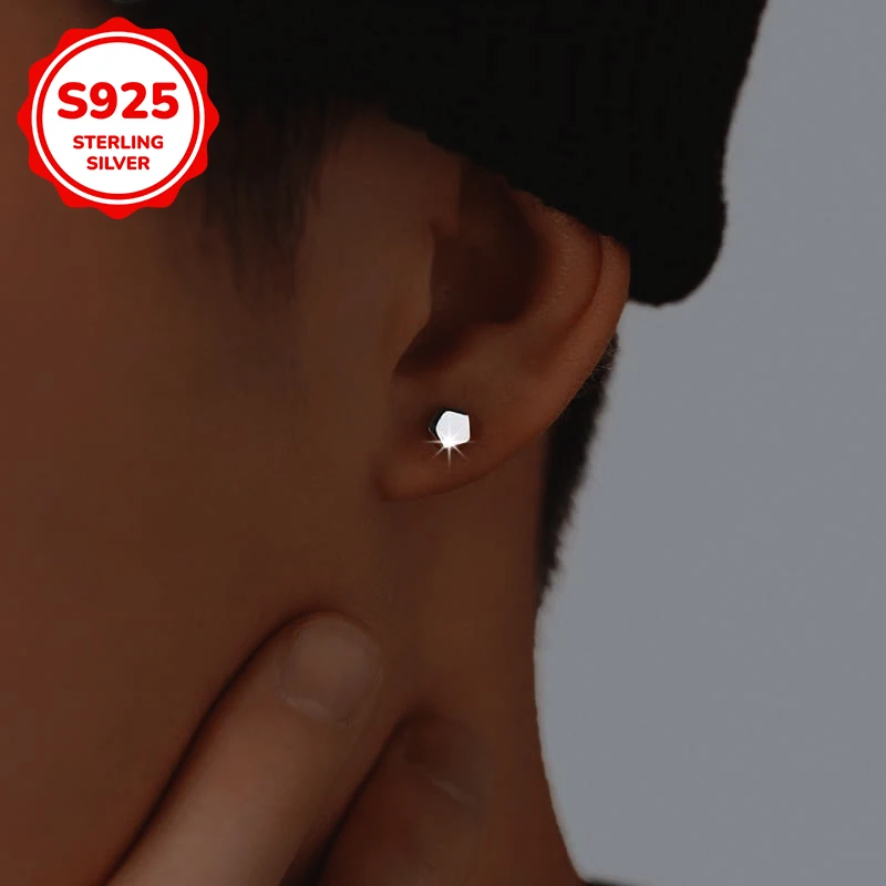 

925 sterling silver punk diamond-shaped edge geometric pentagonal men's stud earrings are suitable for men's jewelry gifts