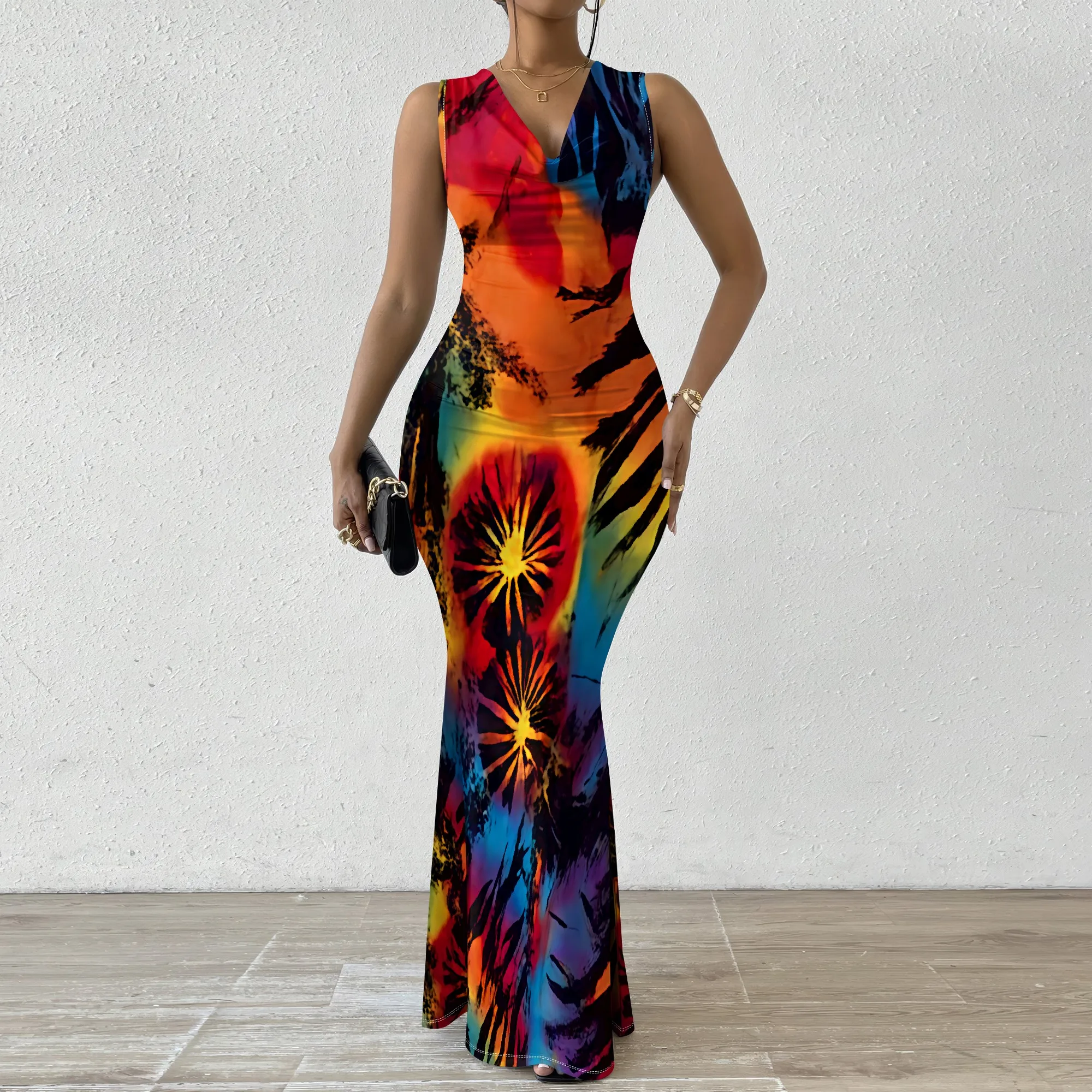 

Elegant Women's Mermaid Dress Sleeveless Abstract Tie Dye Print Bodycon Maxi Formal Evening Party Cocktail Gown S-2XL
