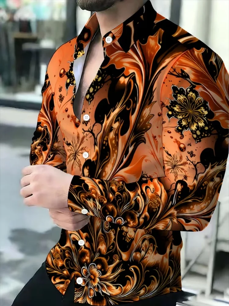 Men's long sleeved shirt with retro rolled grass and dark floral patterns, full of personalized and trendy outdoor casual tops