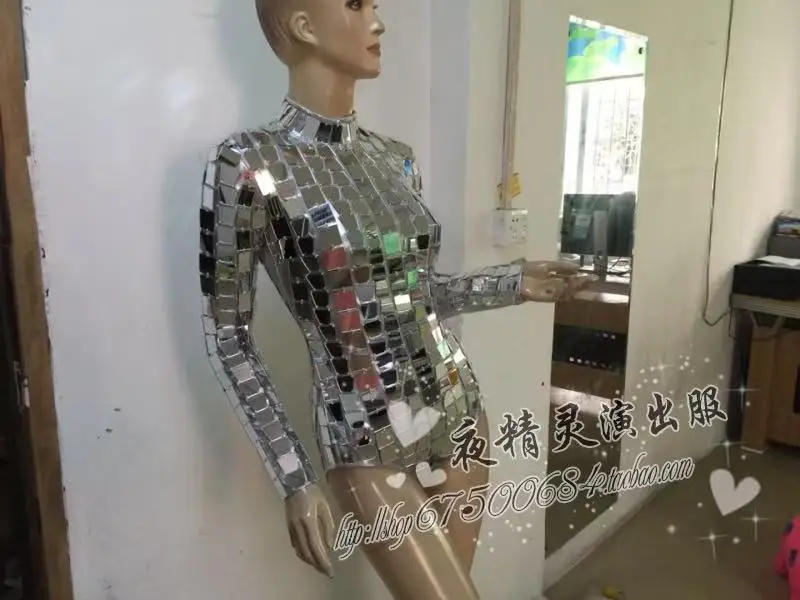 Seksowny damski kombinezon z długim rękawem, srebrnymi cekinami i efektem lustra, strój do klubu nocnego, baru, taneczny, dla piosenkarki, na scenę, kostium dla tancerki, na występy.