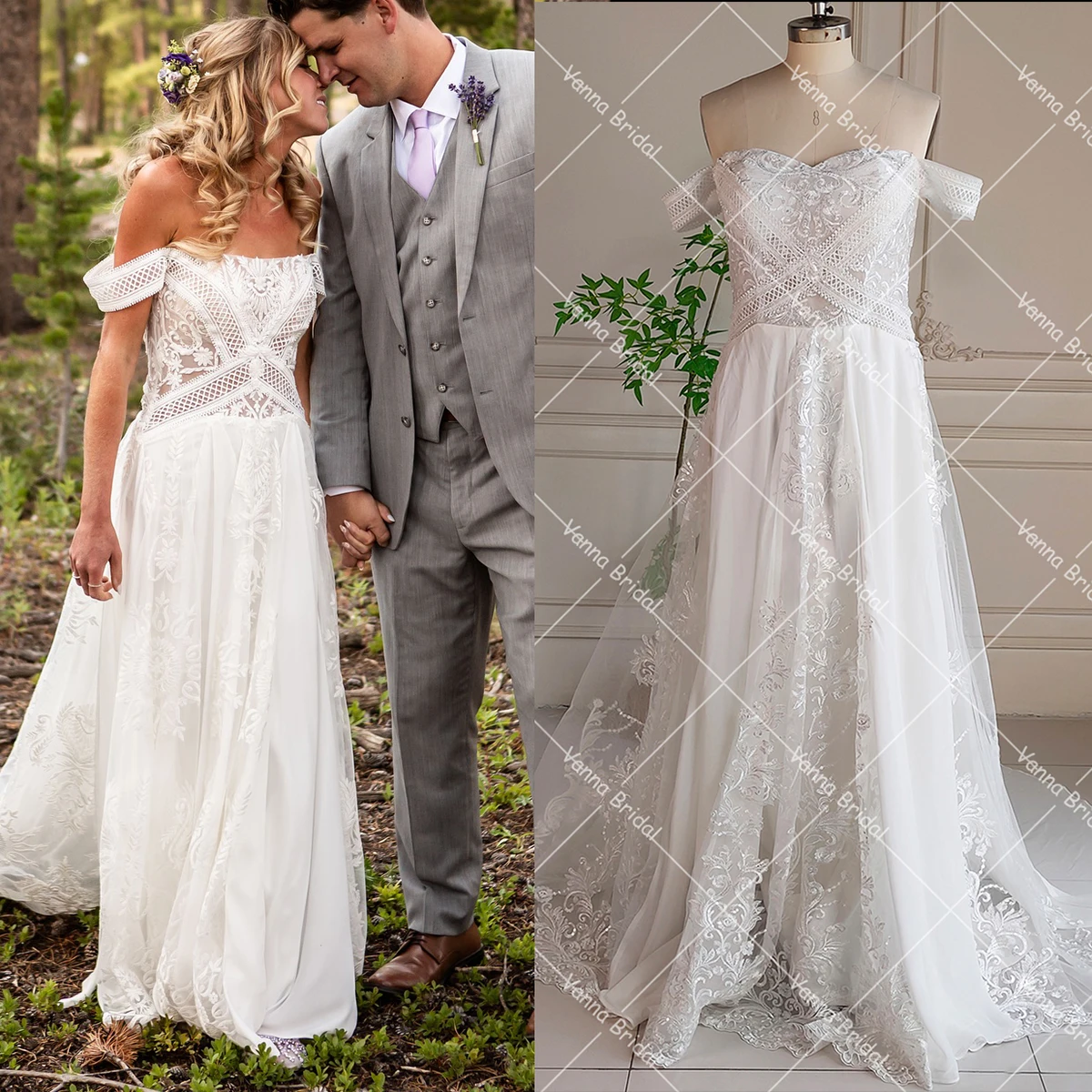 

Off Shoulder Cutout Bohemian Wedding Dress Chapel Train Customized Drape Neckline A Line Floral Lace Chiffon Rustic Bridal Gowns