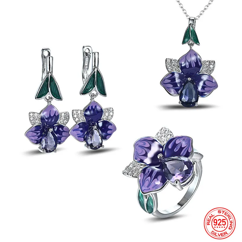 

925 Sterling Silver Purple Flower Crystal Ring Earring Necklace Set For Women Fashion Glamour Gift Wedding Jewelry