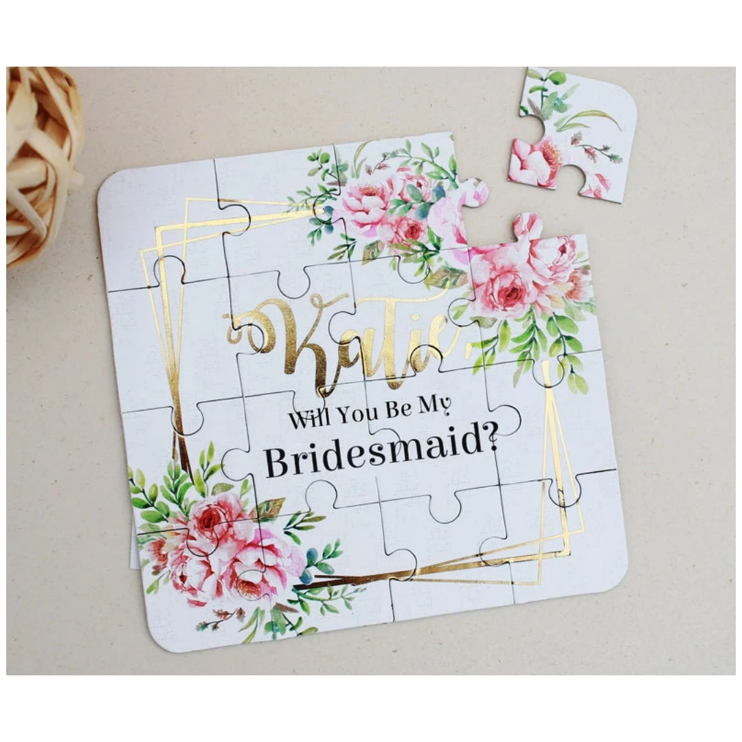 

Персонализированные головоломки 16*16 см, пазлы с цветами на заказ, головоломка для предложения подружки невесты из золотой фольги, 3*5 = 15 шт. головоломки, идея свадебного подарка