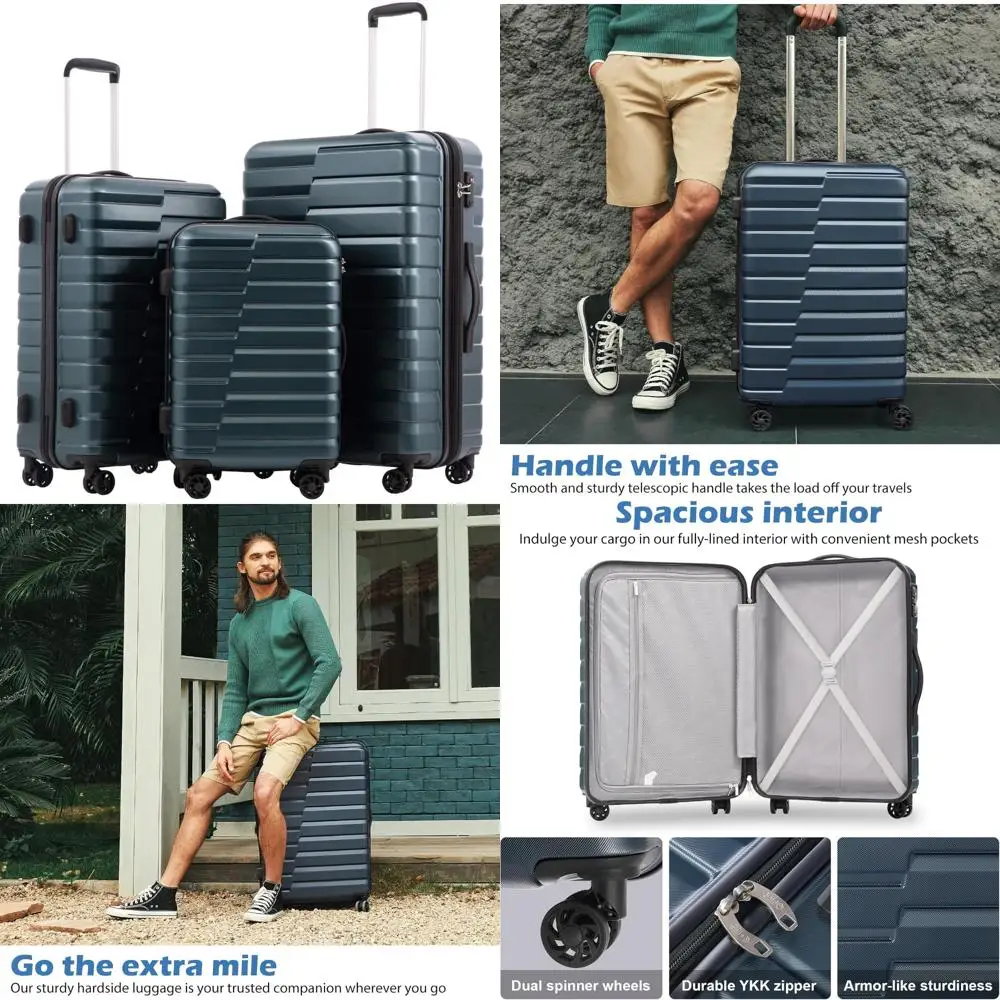 

expandable pc abs tsa luggage set 3 piece spinner carry-on suitcase in teal blue