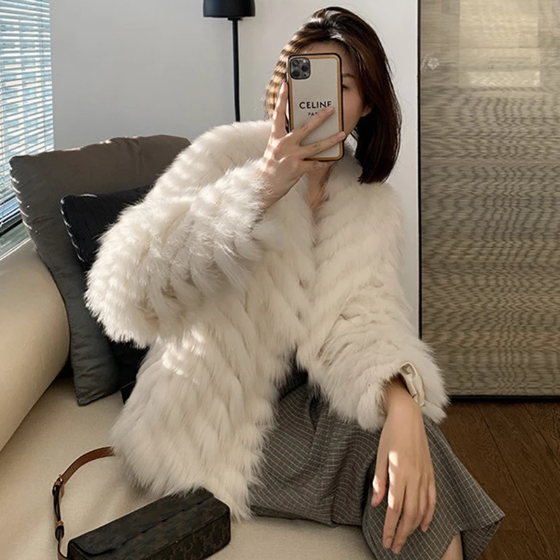 Women\'s Natural Fur Coat Winter New High Quality Strip Fox Fur Jackets Young Lady V-neck Korean Fashion Simple Kurtka Futro Tops