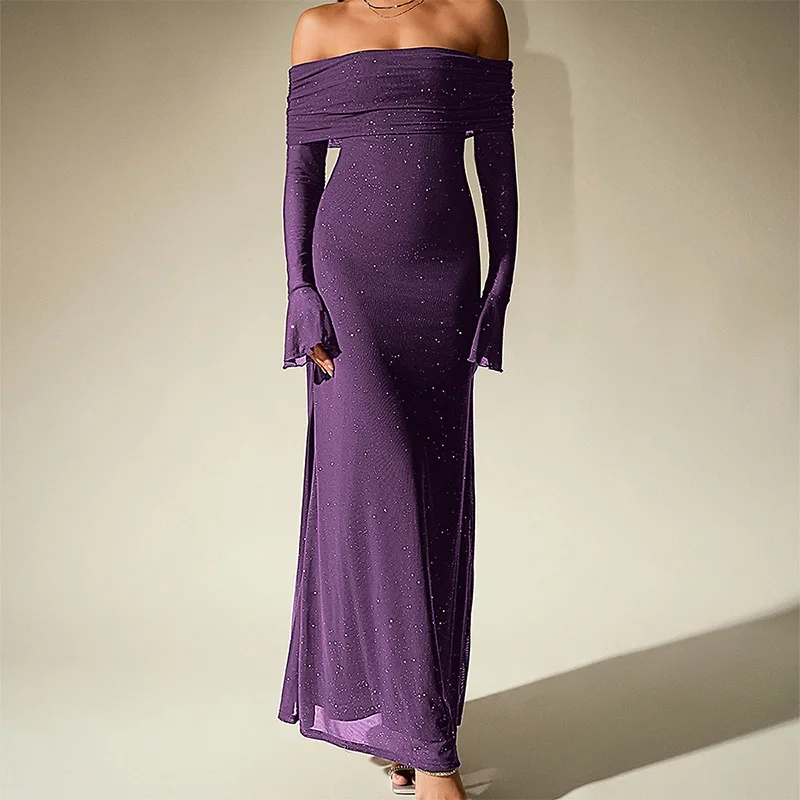 女性用セクシーなスラッシュネックドレープイブニングドレス、春のオフショルダー、ホローシャイニーロングドレス、秋のロングスリーブメッシュボヘミアンマキシドレス