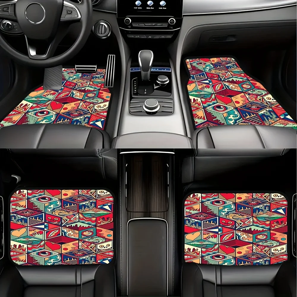 A Collection Of Four Abstract Geometric Design Car Floor Mats, Appropriate For Both Front And Back Seats, Crafted From Polyester