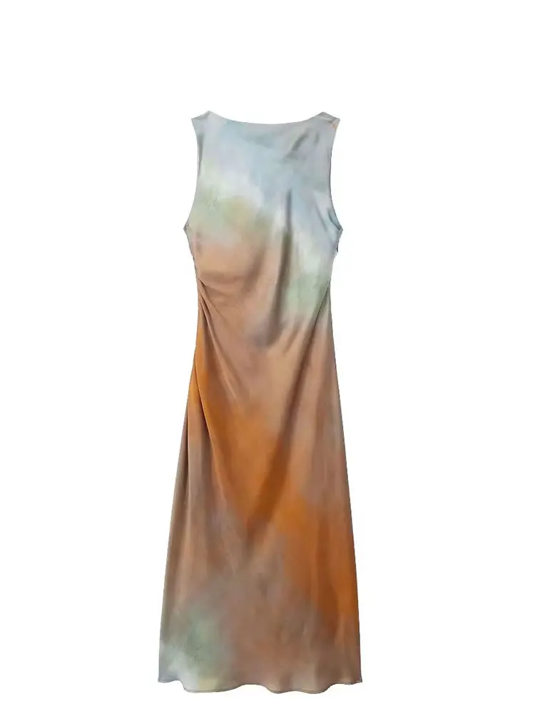 TRAFZA delle Donne New Chic Elegante Raso Stampa Tie Dye Abito Midi Donna Moda Sera Senza Maniche Orlo Pieghe Abiti Abiti Mujer