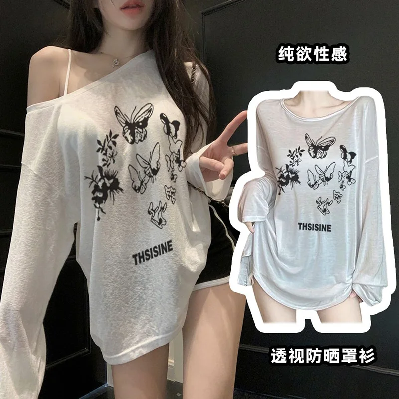 Sexy Loose Thin Perspective Long Sleeve T-Shirt for Women Summer New Cartoon Printing O-neck Sunscreen Y2K Tops