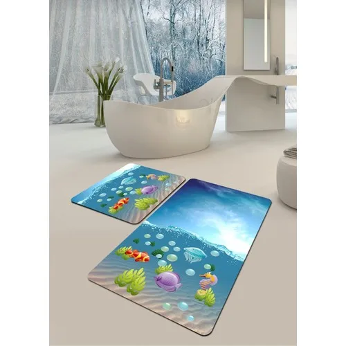 Ardizayn Blue Color Fish Figured Slip-Resistant Leather Sole 2'li Toilet Seat Pad