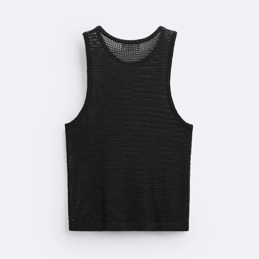 ZA2024 Autumn New Men\'s Fashion Style Loose and Versatile Cool Knitted Crochet Hook Hollow Tank Top Sleeveless T-shirt