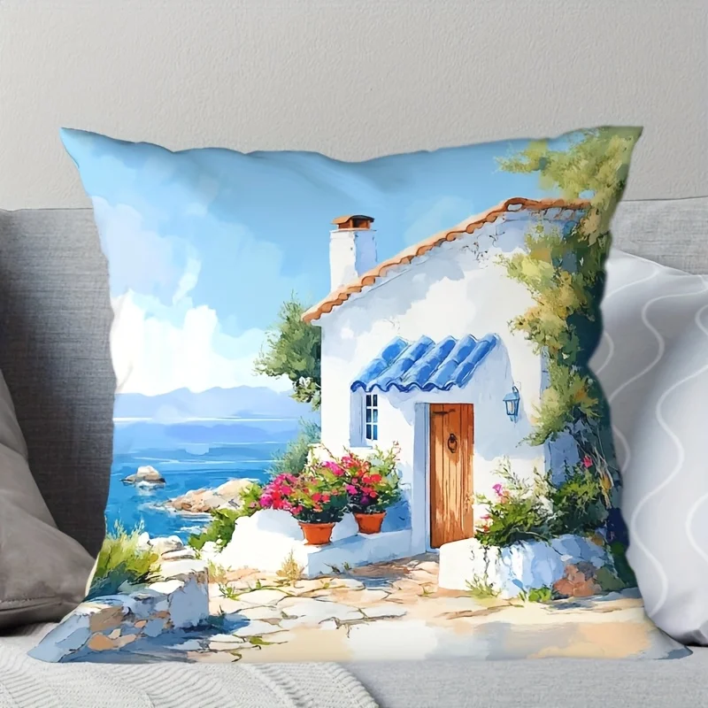 1pcs Mediterranean coastal scene pillow cover watercolor style polyester 45x45cm for sofa bedroom home decor machine washable