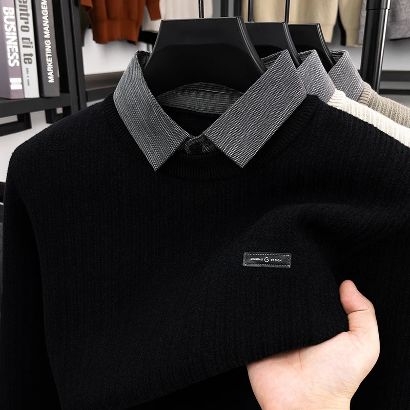 Men’s Knit Sweater Fake Two Piece Layered Design Long Sleeve Round Neck Pocket Detail Soft Fabric Casual Business Autumn Men’s