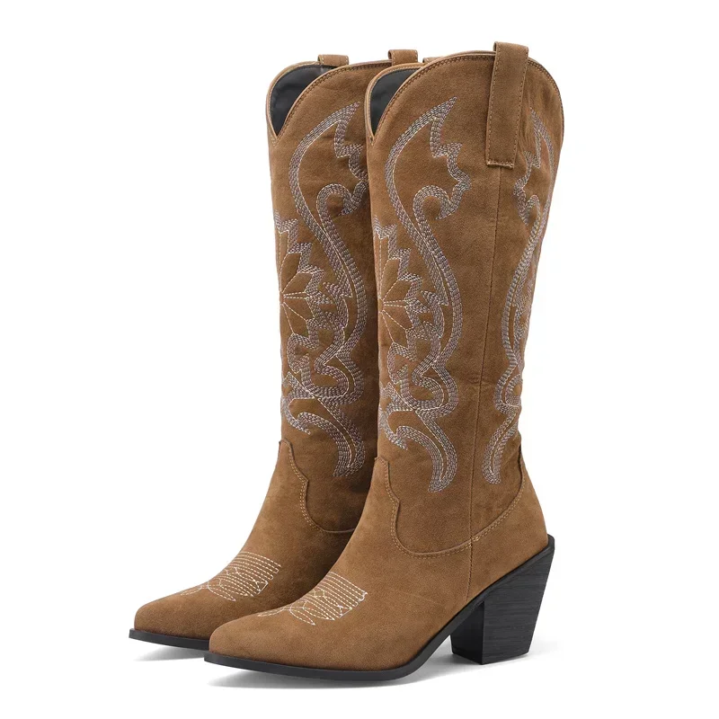 

Зимние женские сапоги до колена, женские ковбойские сапоги в стиле вестерн с цветочной вышивкой, синие, коричневые, с острым носком, на блочном каблуке, длинные сапоги в стиле пастушки