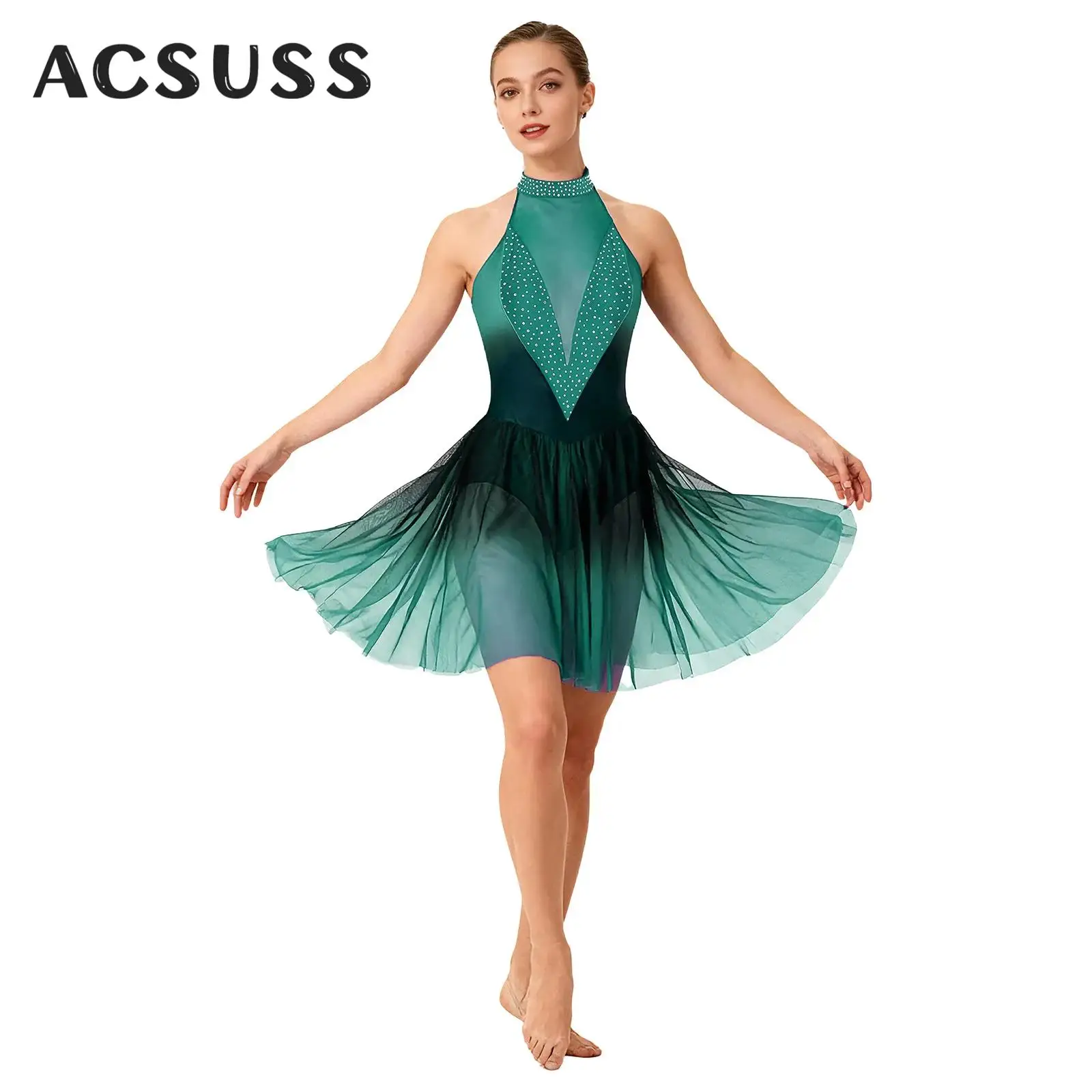 Vrouwen Glanzende Steentjes Kunstschaatsen Ritmische Gymnastiek Kostuum Halter Sheer Mesh Moderne Lyrische Dans Jurk Ballet Maillots