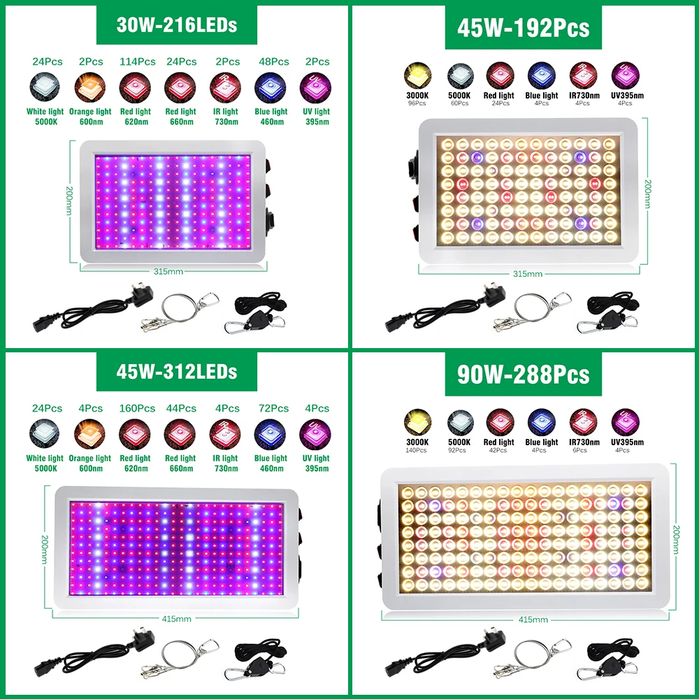 30W 45W 90W Led Grow Light Full Spectrum Board Panel Plant Growing Lamp IR Phytolamp for Indoor Flowers Grow Tent Greenhouse