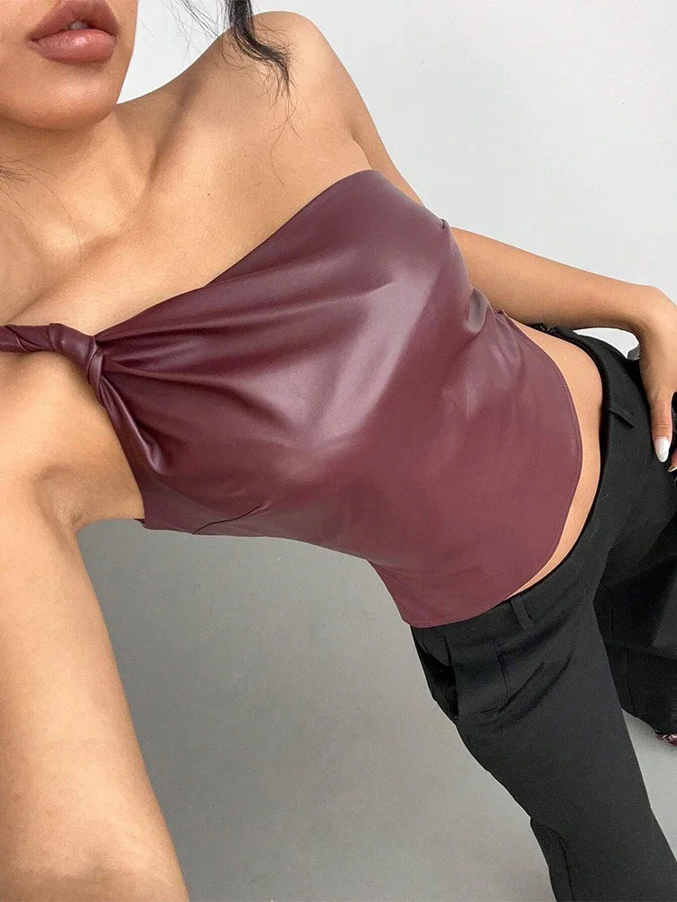 Trendix Burgundy PU One Shoulder Cropped Top Women Fashion Twist Bodycon Y2k Tops Party Sexy Off Shoulder Club Leather Outfits