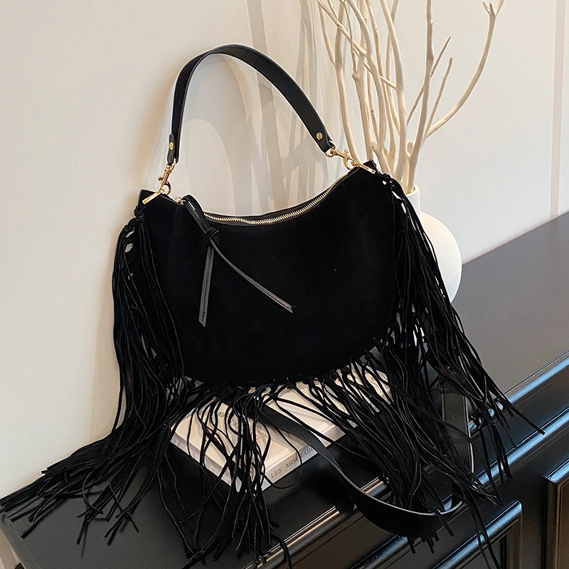 

2025 Versatile Commuting Solid Tassel Crossbody Bags Faux Suede Zipper Sewing Thread Shoulder Bags Simple Ladies Bags on Sale