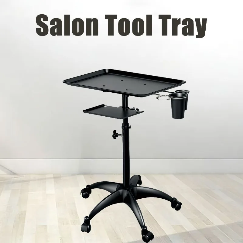 Height Adjustable Mobile Salon Tool Rack Double Layer Aluminum Storage Tray For Hairdressing And Beauty Salon Use