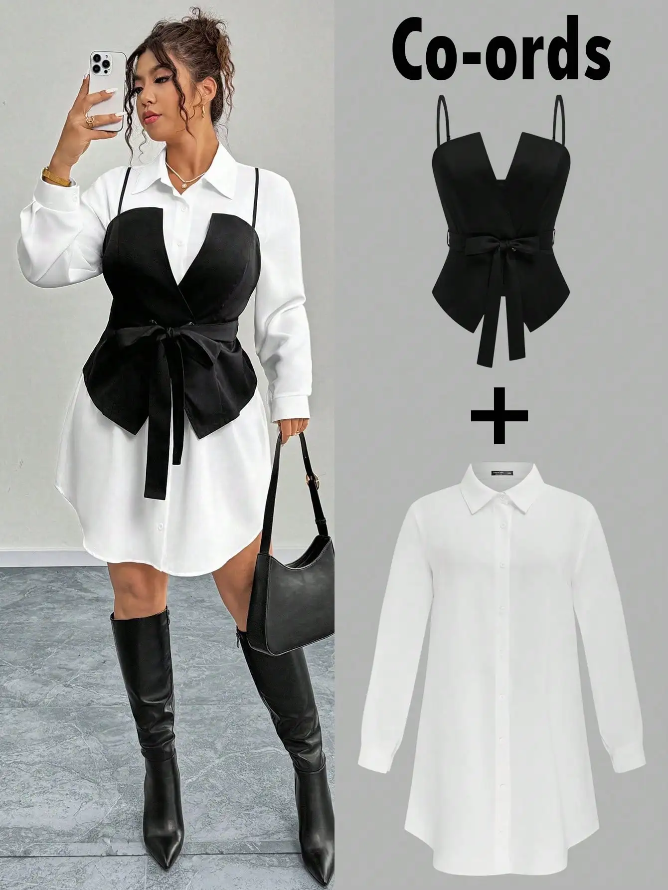 

Комплект из 2 предметов больших размеров: черный жилет с бантом + белое платье-рубашка с длинными рукавами для работы или повседневной носки