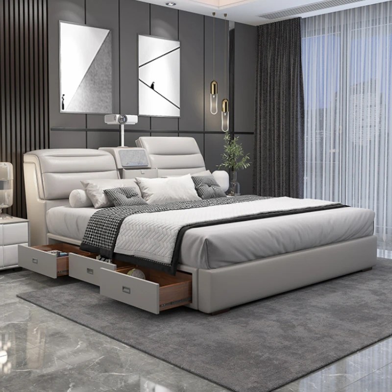 Multifonction European Double Bed Luxury Nordic Leather White Bed Frame High End Wood Camas De Matrimonio Dormitorio Furniture