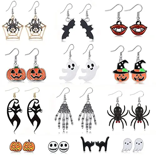 

2024 Vintage Colorful Pumpkin Spider Bat Earrings Metal Spooky Cat Stud Earrings for Women Halloween Party Prom Jewelry Gift