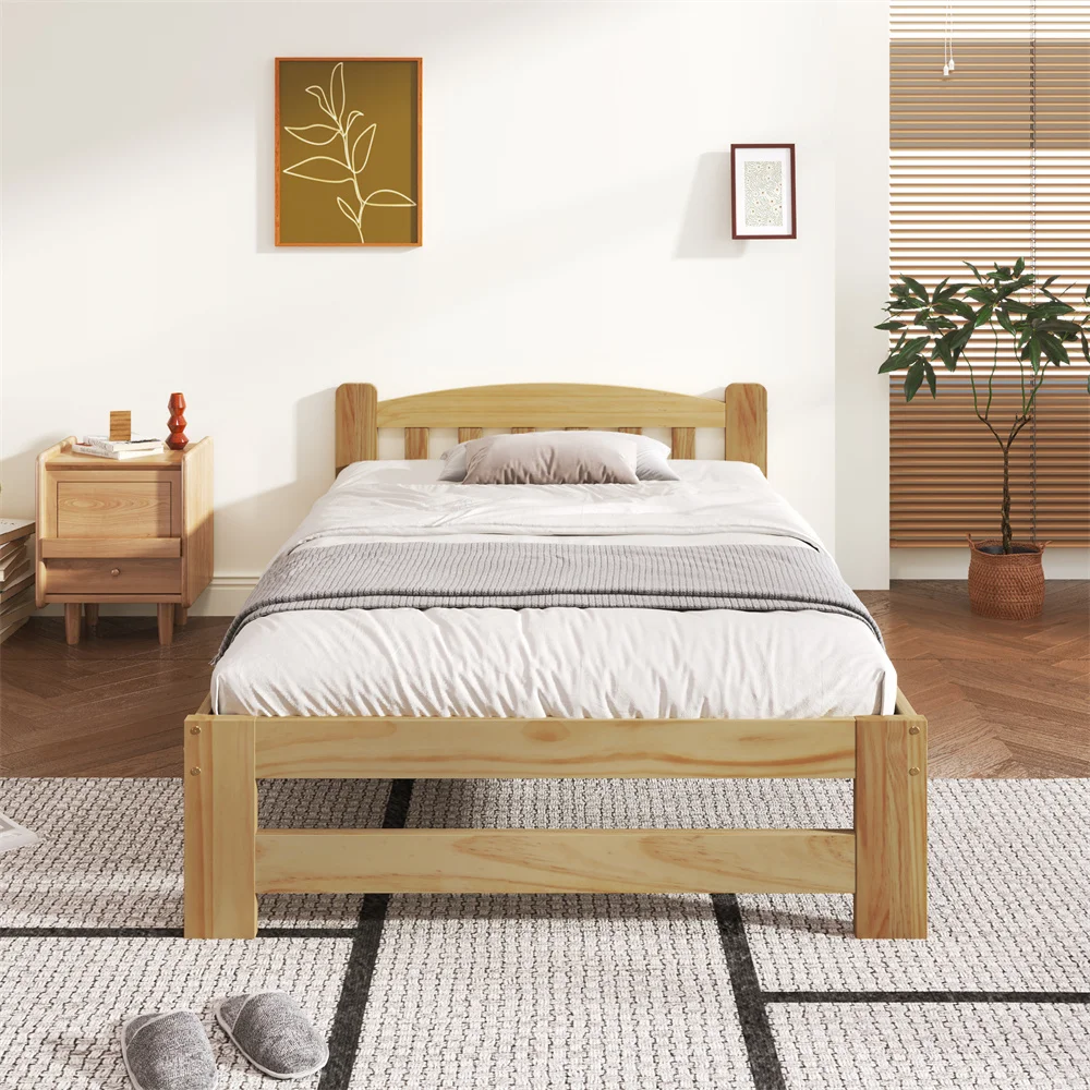 Cama futón de madera maciza, cama individual de 90x200cm con cabecero y somier, cama juvenil para adultos, naturaleza sin colchón