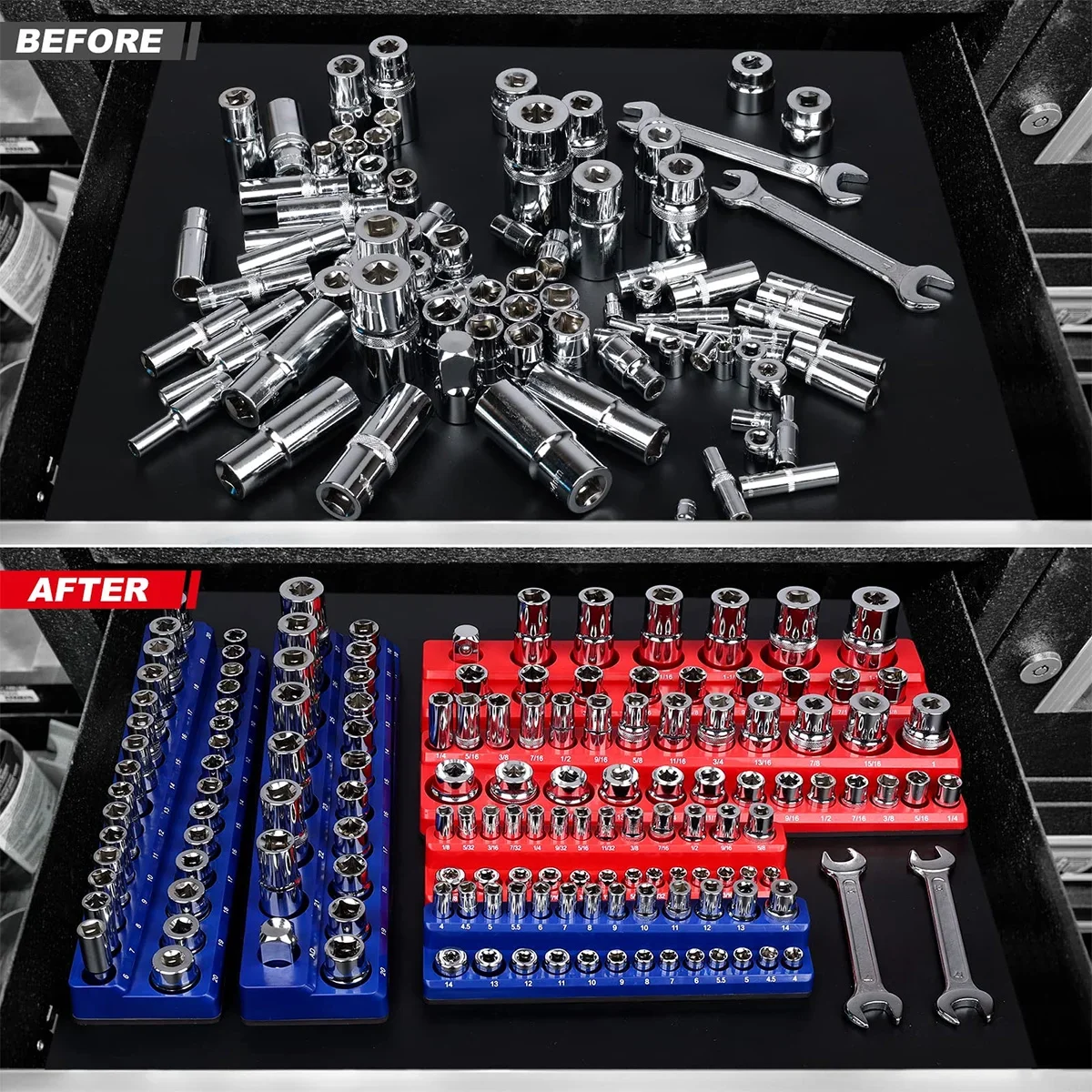 Magnetic Socket Holder, Socket Organizer SAE Red 1/2 Inch Drive, Socket Keeper Stores 16 Standard and Deep Size SAE Sockets