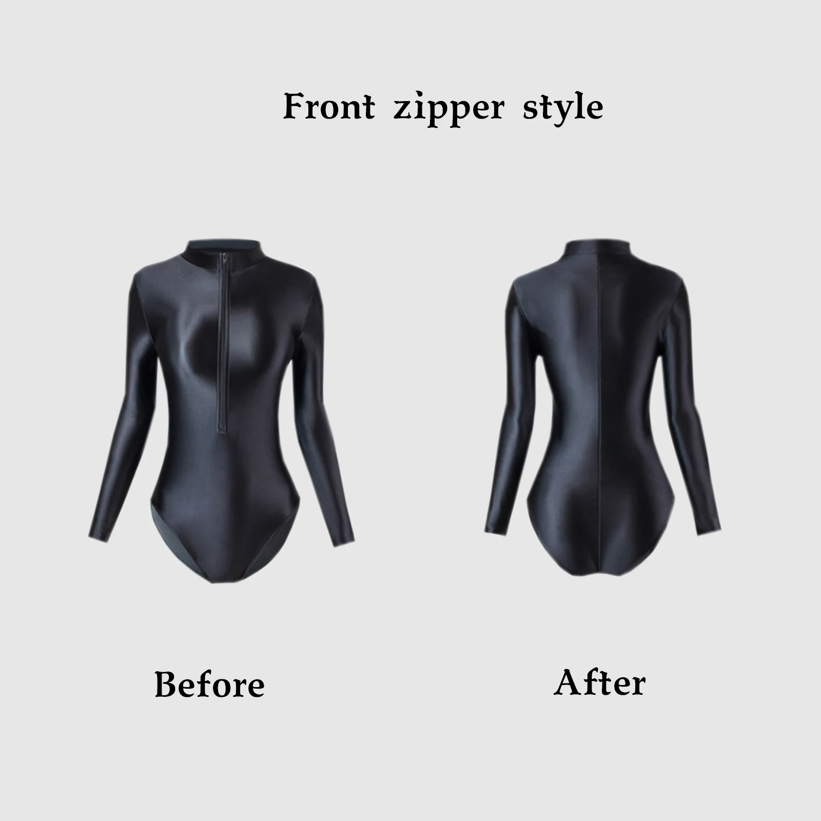 Langärmliges, eng anliegendes Kleidungsstück mit Reißverschluss vorne, sexy eng anliegendes Damenkleid aus Nylon im tiefen V-Stil