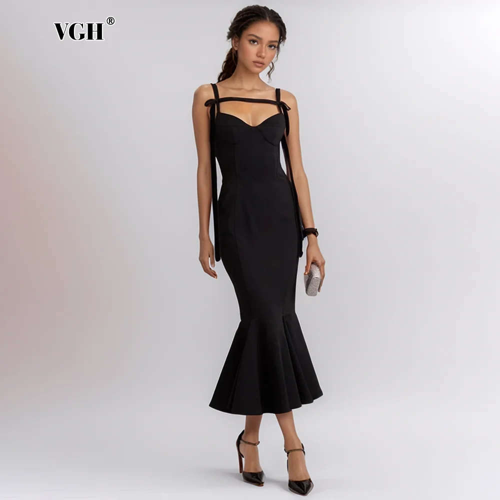 VGH Black Color Temperament Women Midi Dress Square Collar Sleeveless High Waist Blackless Patchwork Ruffles Trim Dresses Female