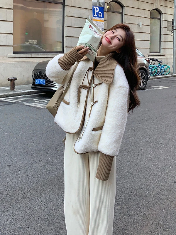 

Женский зимний пуховик Thiened из трикотажного материала с мехом ягненка, новинка 2025 года, белый, теплый, для повседневной носки