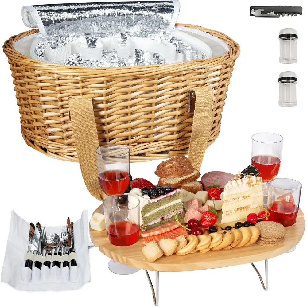 Picnic Basket Set for 4 with Folding Table, Insulated Cooler, and Cutlery for Couples and Wedding Gifts