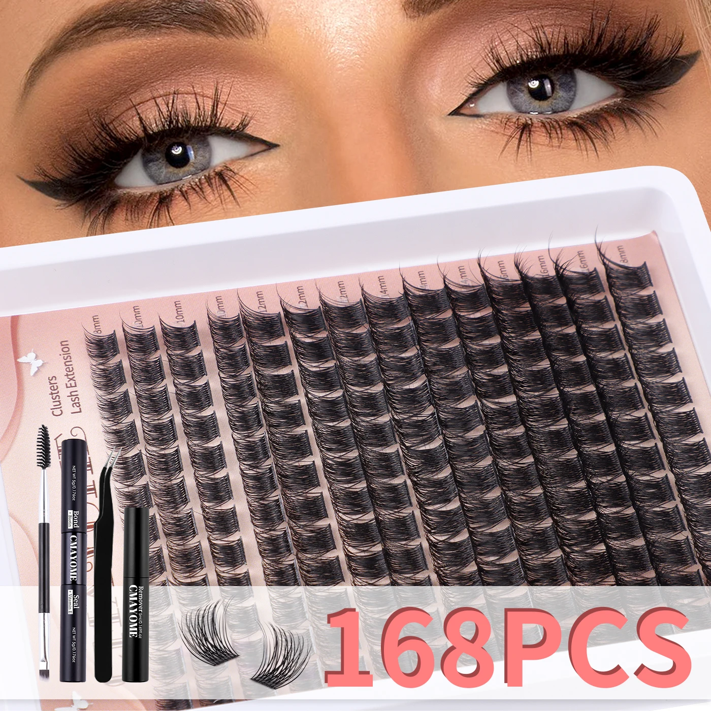 Cluster Eyelash Extension Kit 168PCS Natural Slender Look Ultra-Soft Lightweight Lash D-Curl False Eyelash Contact Lens-Friendly