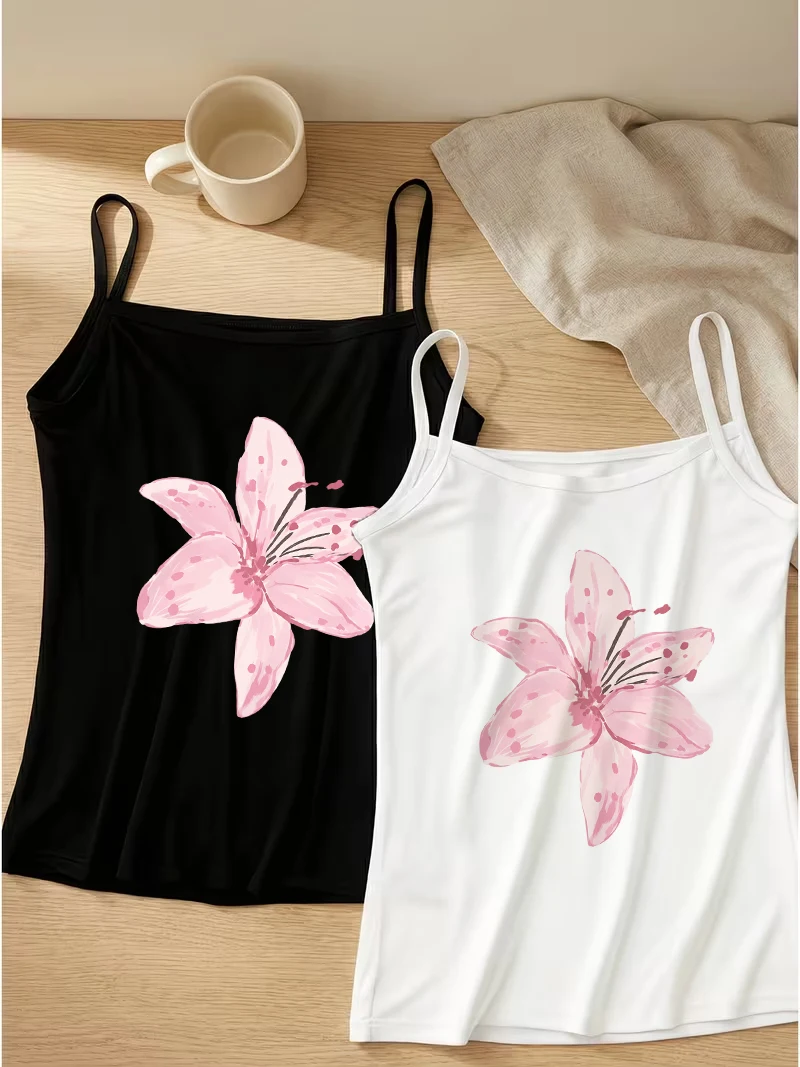 Elegant Feminine Vibe Camisole Women Summer Detailed Petal Illustration Tank Top Watercolor Texture Sleeveless Vest Streetwear