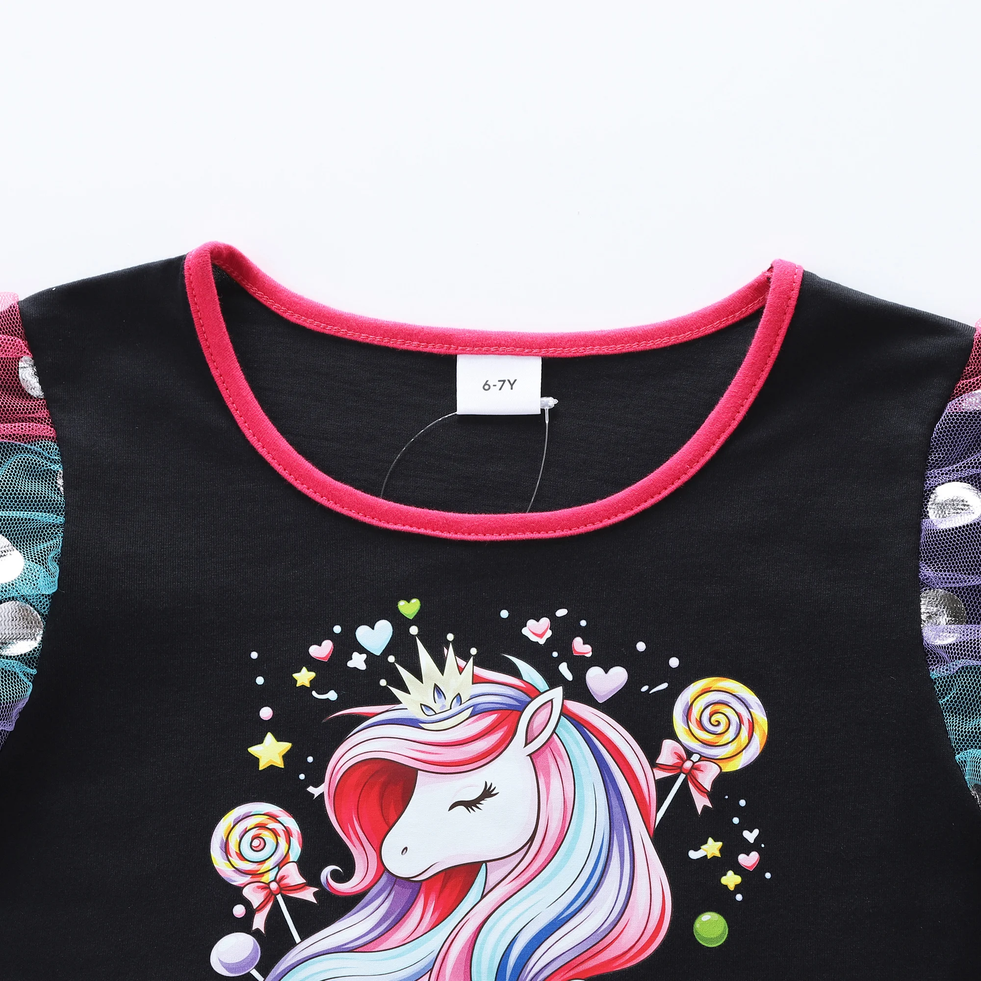 Langärmliges Kleid mit Regenbogen-Candy-Pferdemuster für Mädchen, Herbstkleid mit Polka-Dot-Print und Mesh-Einsatz LH1770 – Detail 4