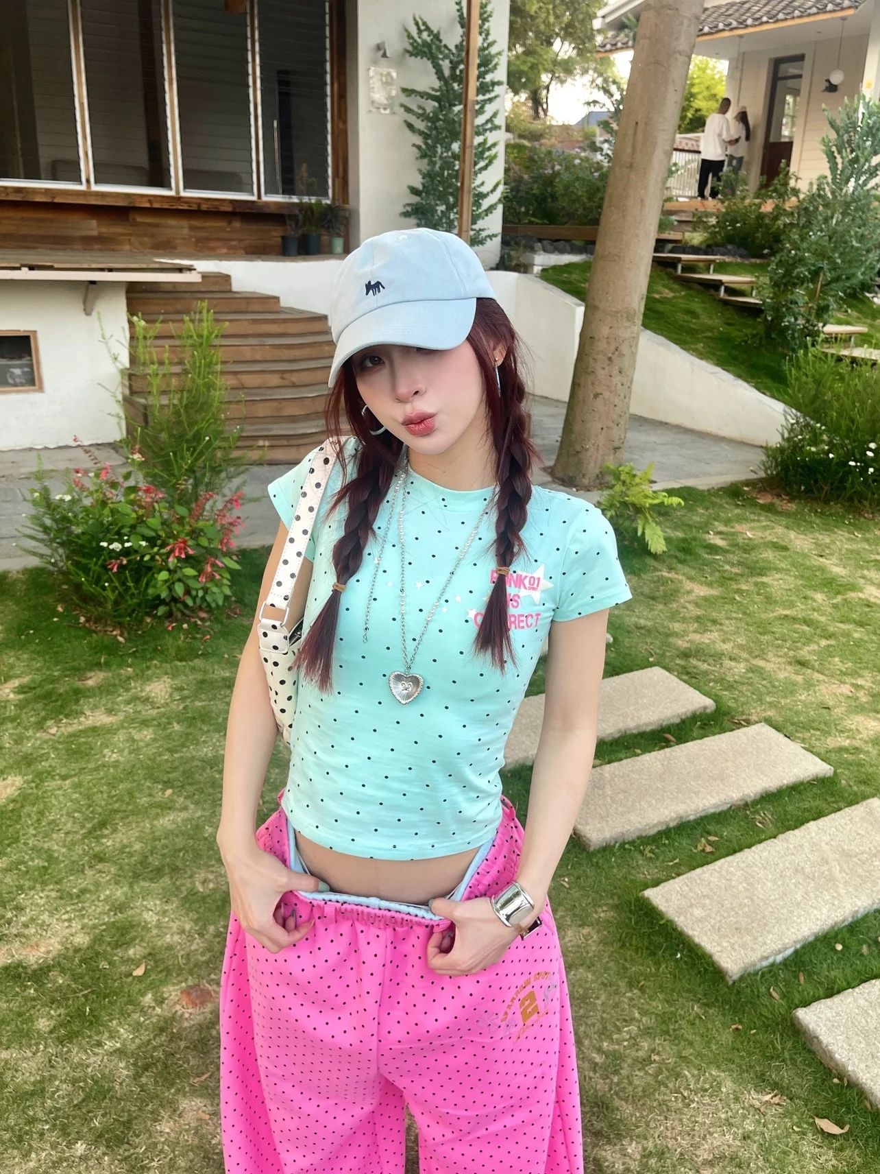 

Dopamine Mint Blue Polka Dot Short Sleeve T-Shirt Women Summer Slim Fit Casual Style round Neck Cotton Top