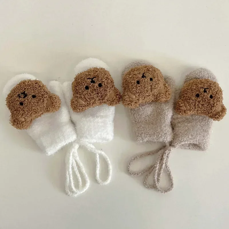 Cartoon Bear Baby Mittens Winter Warm Kids Baby Girl Gloves Knitted Children Toddler Thick Teething Mitten 1-4Y