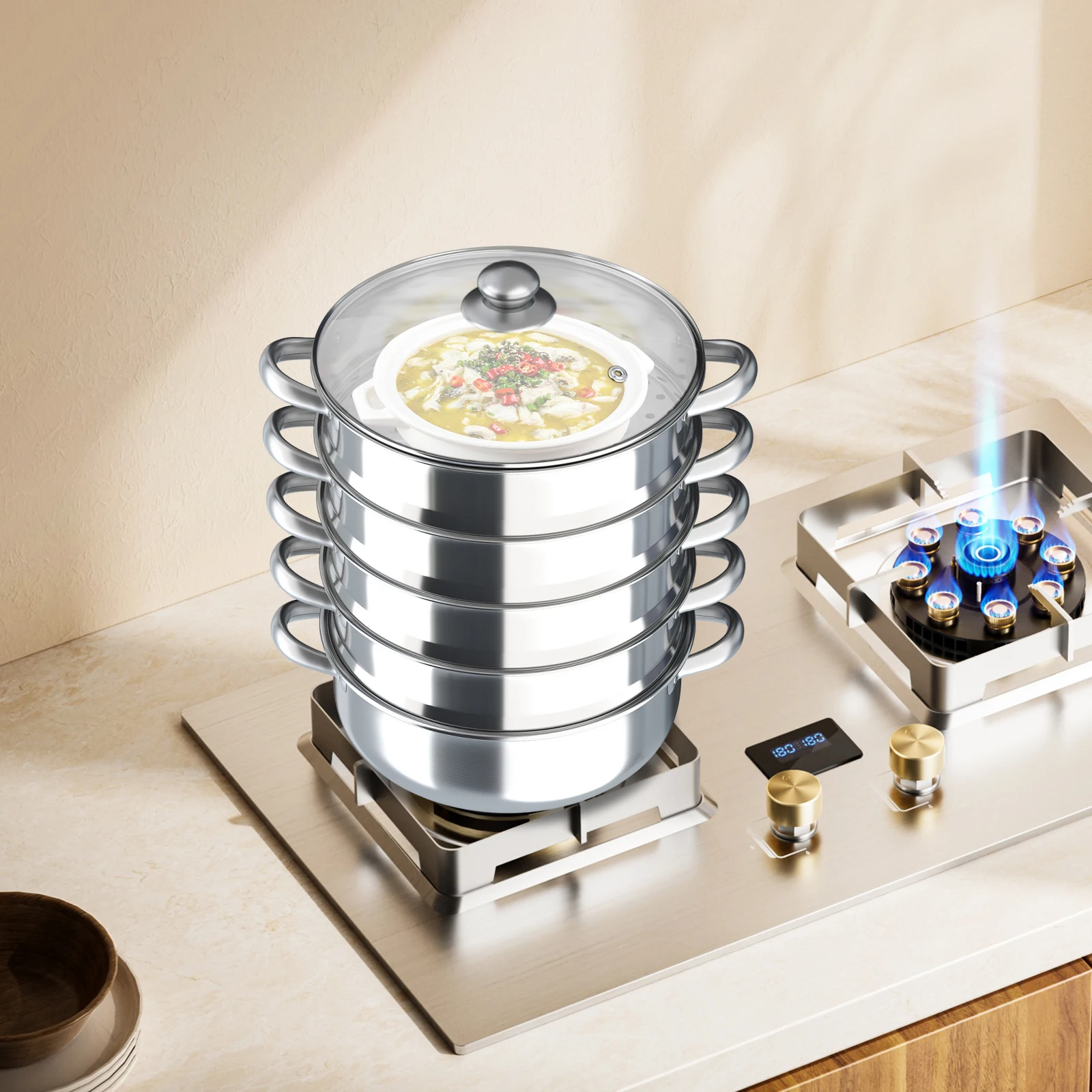 

5-Tier Stainless Steel Steamer, Large-Capacity Fast Heating for Induction Cooker Electric Ceramic Gas Various Stove