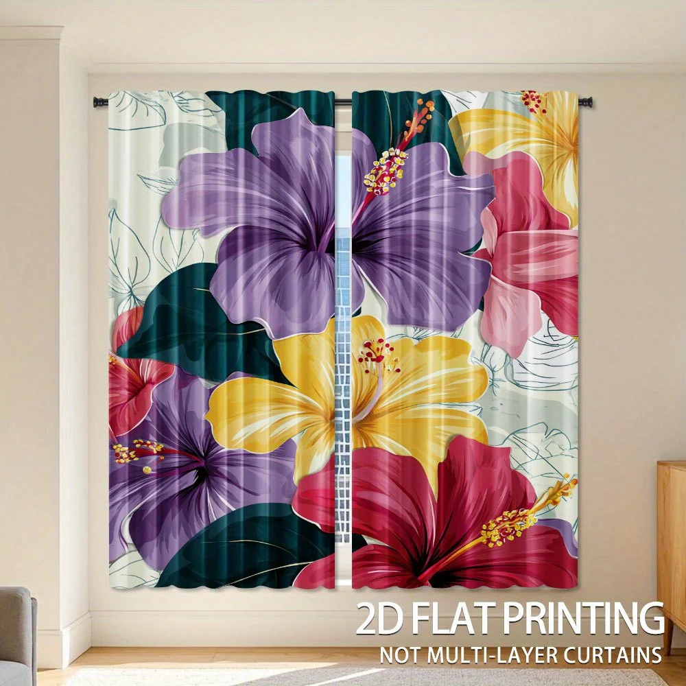 Colorful hibiscus flower pattern Print Drapes Room Darkening Window Curtains for Home Decor,Rod Pocket Blackout Curtains Bedroom