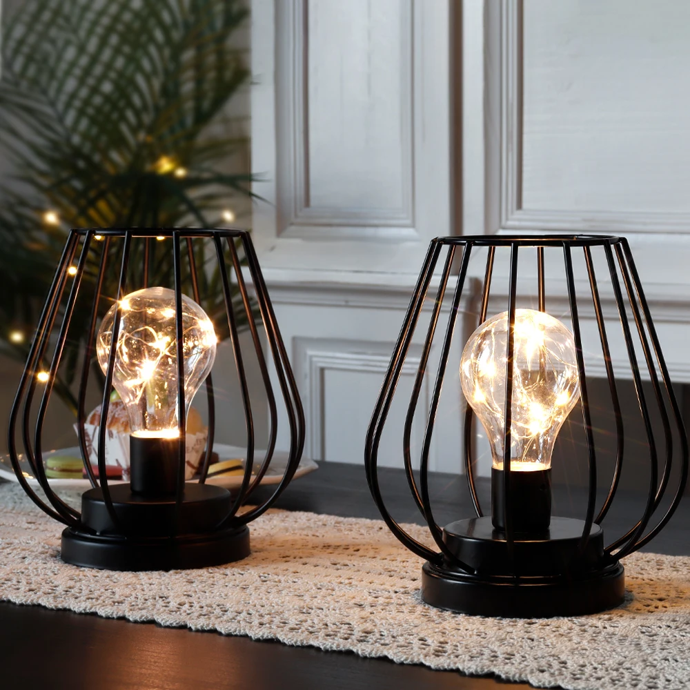 Set of 2 Metal Battery Operated Lamp 7'' Tall mini Cage Shape Cordless Table Lamp Battery Lanterns with Warm Fairy Lights Bulb
