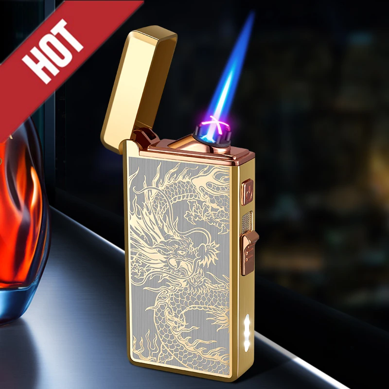 2023 New Gas Electric Double Fire Lighter, Windproof Metal Outdoor Arc Plasma Lighter, Can Add Gas Repeatedly, Gift for Men