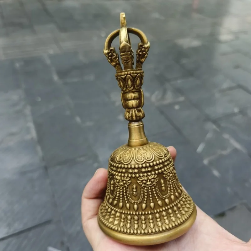 Antique Copper Five-Pronged Vajra Tibetan Carved Bell Rattle Ornament Hand Bell